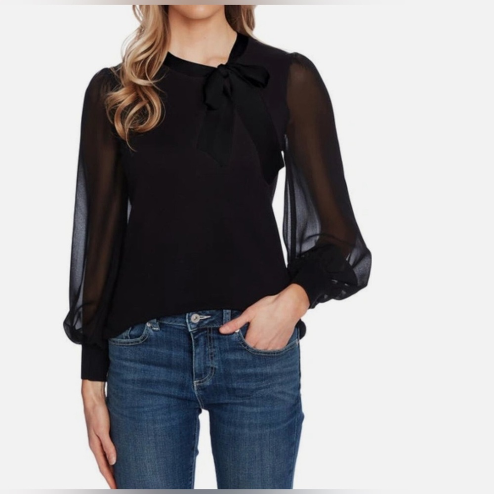 Indigo Rose Top Women's Bow Neck Sheer Long Sleeve